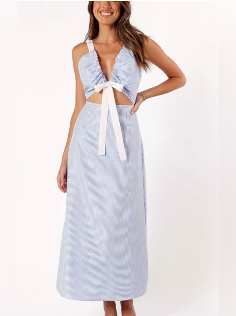 Petal & Pup Blue and White Striped Tie-Front Maxi Dress